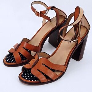 Banana Republic Cognac Leather Ankle Strap Block Heels Polka Dot Footbed 9